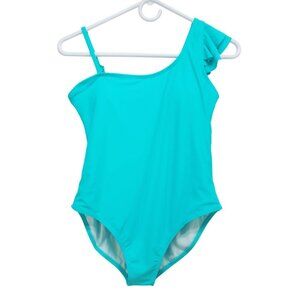 One-Shoulder Turquoise Girls Swimsuit With Ruffle Accent Size 14y